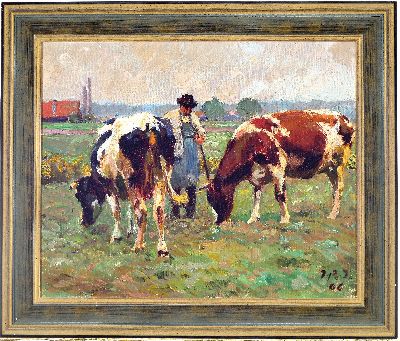 27036709k - Julius Paul Junghanns, 1876 Wien-1958 Düsseldorf, Bauer mit zwei Kühen auf der Weide, ...