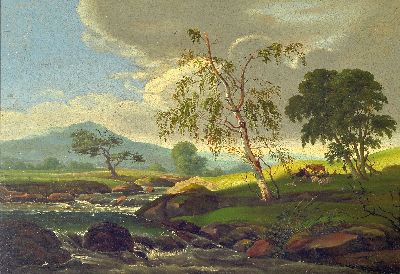 Image Julius Hans Gräder, Hofmaler in Schwerin, Romantische Landschaft, so rückseitig auf ...