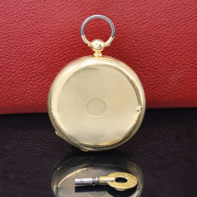 27036736a - Offene Herrentaschenuhr in GG 750/000 mit Schlüsselaufzug, Schweiz um 1860, guill. Geh. ...