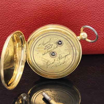 27036736b - Offene Herrentaschenuhr in GG 750/000 mit Schlüsselaufzug, Schweiz um 1860, guill. Geh. ...