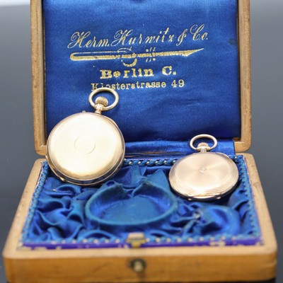 27036737l - Set of 2 14k pink gold ladies pocket watches, Switzerland around 1880/1900, engine-turned ...