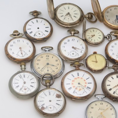 27036741a - Konvolut von 19 Taschenuhren mit Kronenaufzug in verschieden Materialien, um 1880-1960, ...