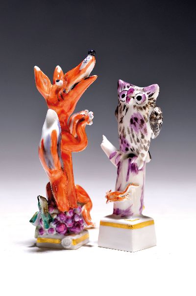 Image 2 Porzellanfiguren, Meissen, Entwurf Peter Strang, Fuchs mit Weintrauben und Eule mit ...