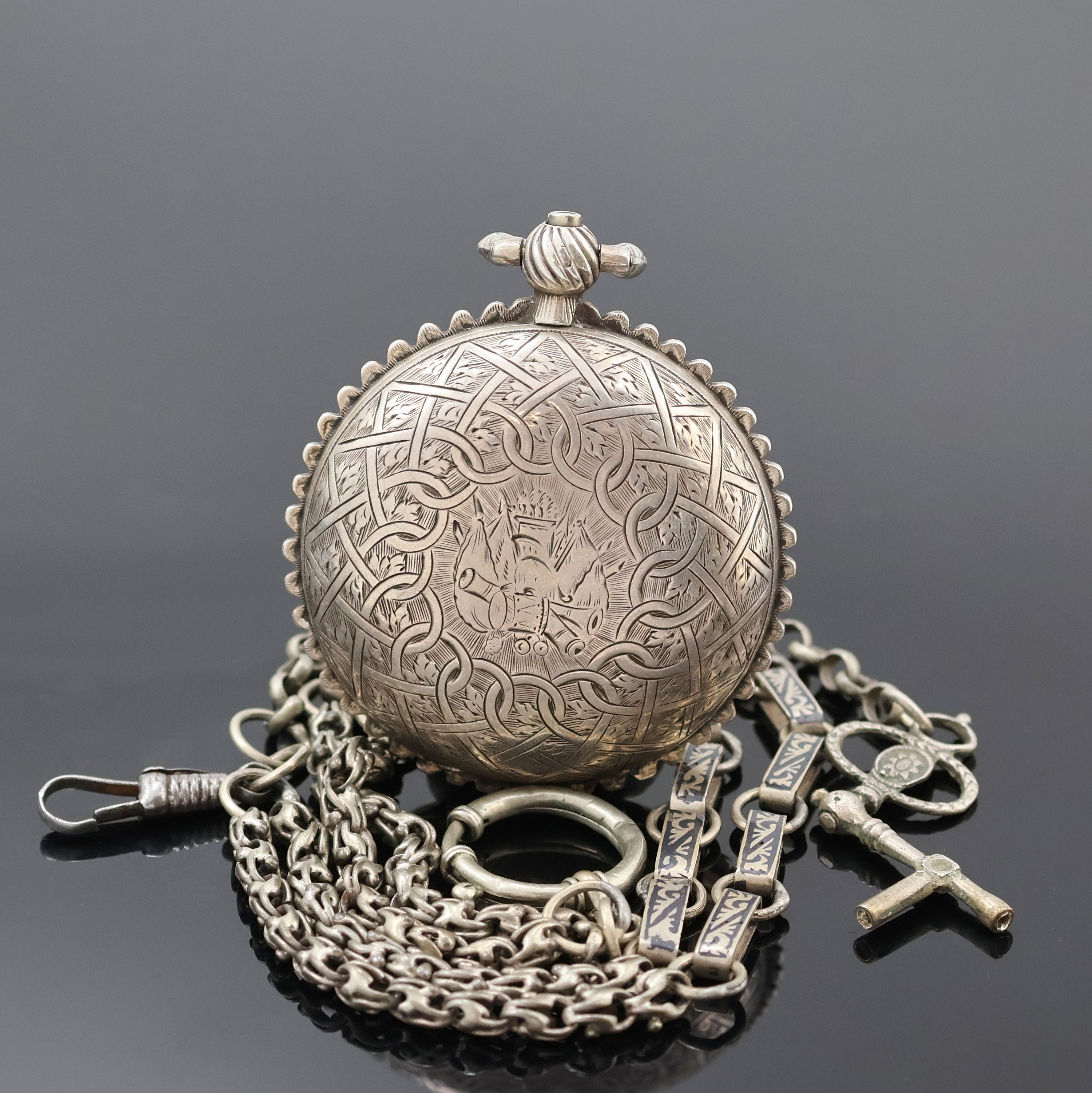 Detail b: EDWARD PRIOR LONDON Spindel- Herrentaschenuhr, 3-teil., reich grav. Silbergeh., wohl für den osmanischen Markt, Signatur auf Werk und Emailblatt, ...
