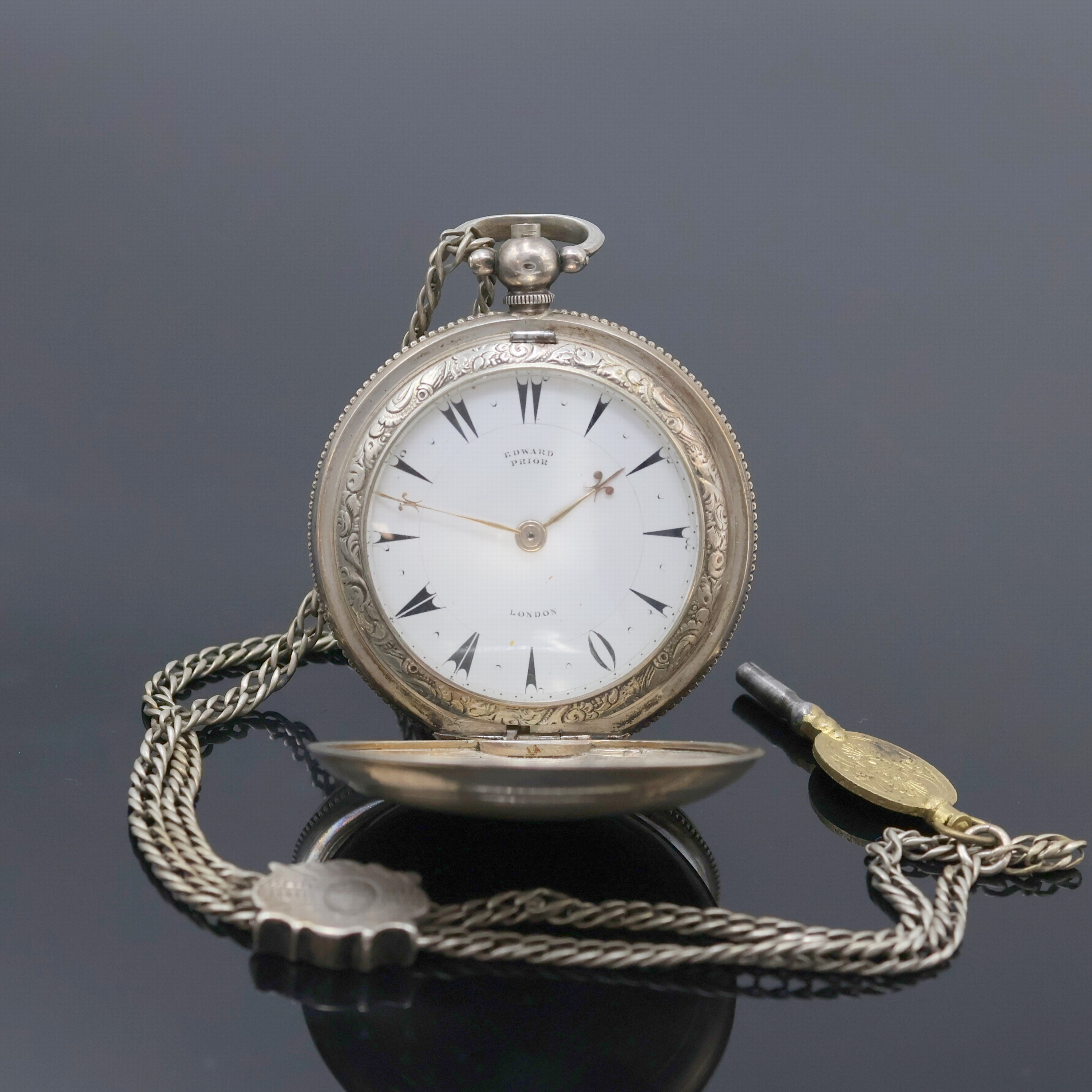 EDWARD PRIOR London Taschenuhr für den osmanischen Markt Nr. 69071, um 1880, 800er Silbergeh. bez. Karabian, Metallcuvette, Emailzifferbl. m. ...