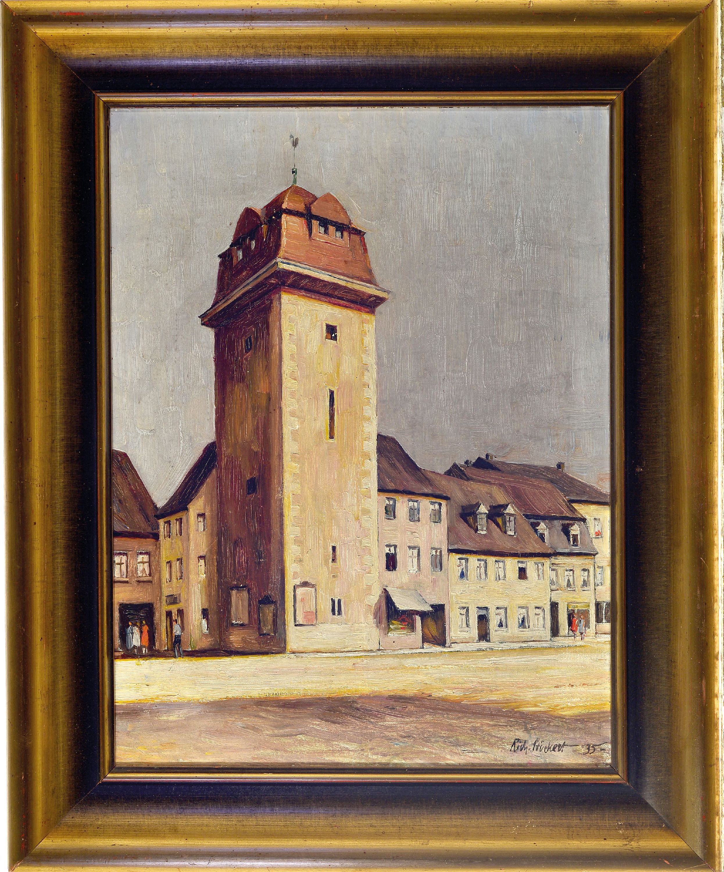 Detail k: Richard Stückert, geb. 1881, Der Rote Turm in Crimmitschau, Teil der alten Stadtmauer, 1928 abgerissen, Öl/Lwd, rechts unten sign. und dat. 35, ca. ...
