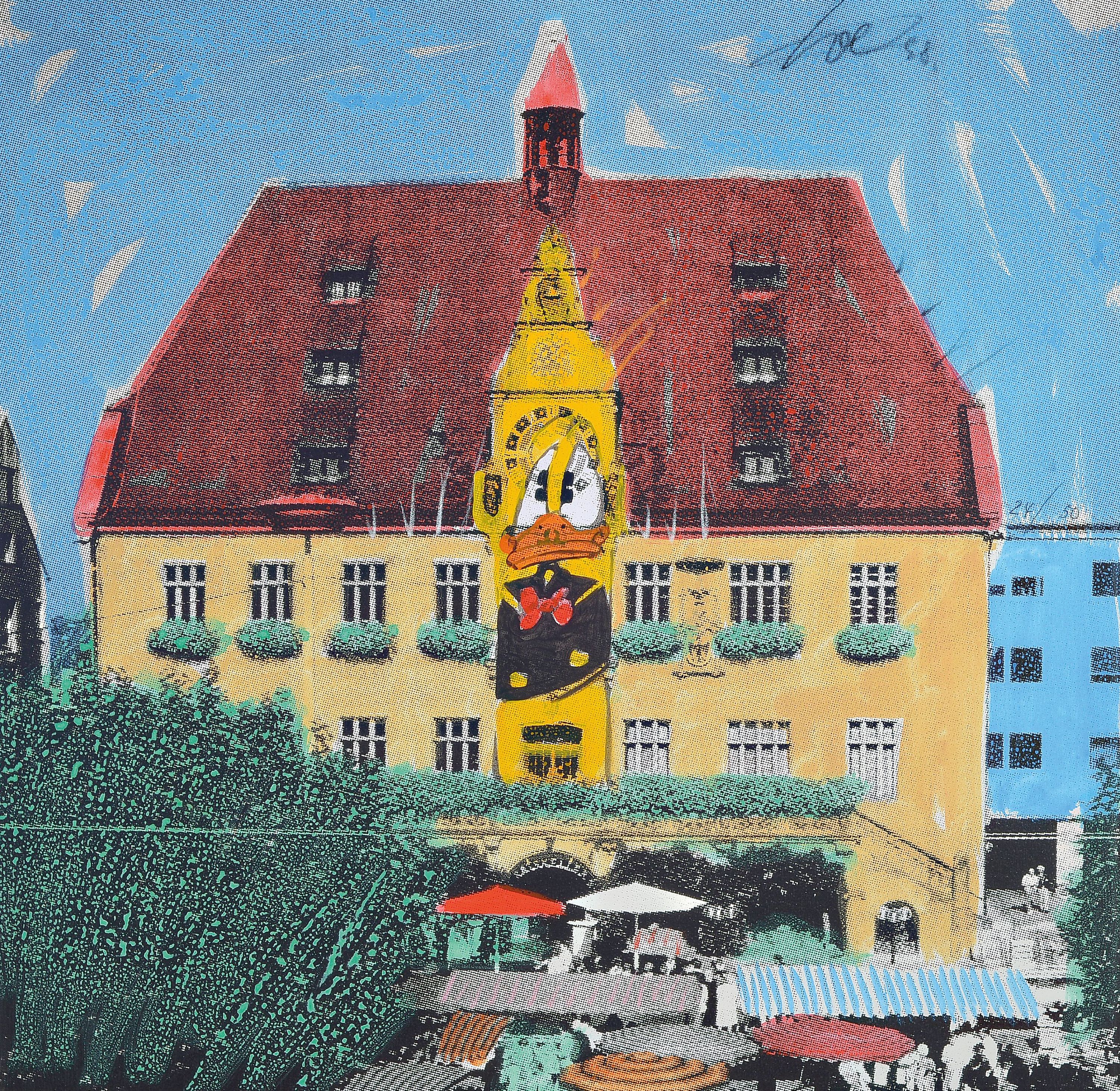 Image 27036863 - Wolfgang Loesche, geb. 1942, Siebdruck auf Lwd, Rathaus Heilbronn mit Donald Duck, 1998, ...