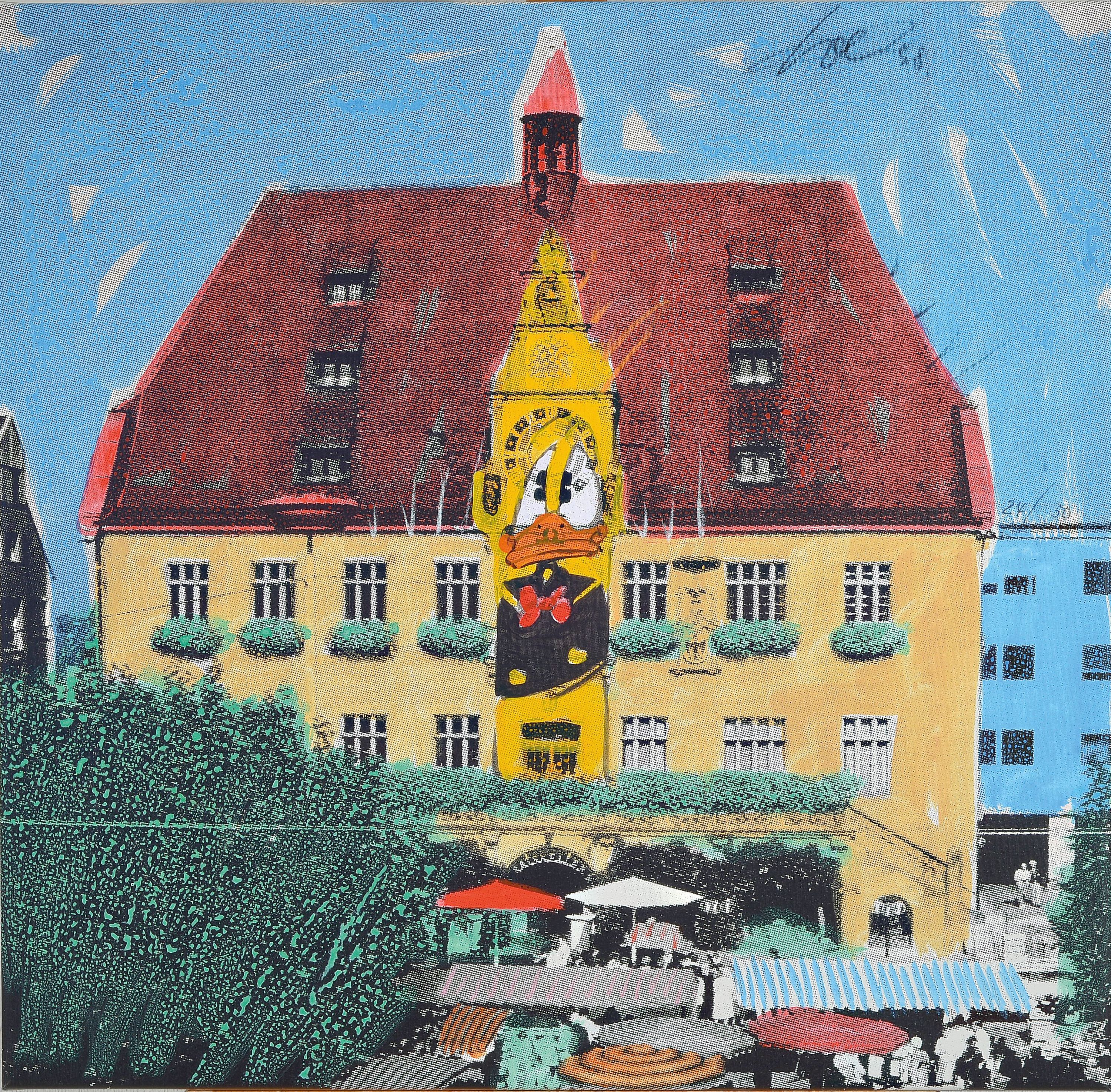 Detail k: Wolfgang Loesche, geb. 1942, Siebdruck auf Lwd, Rathaus Heilbronn mit Donald Duck, 1998, Ed. 24/50, handsigniert und datiert, ungerahmt, 70x70 cm
