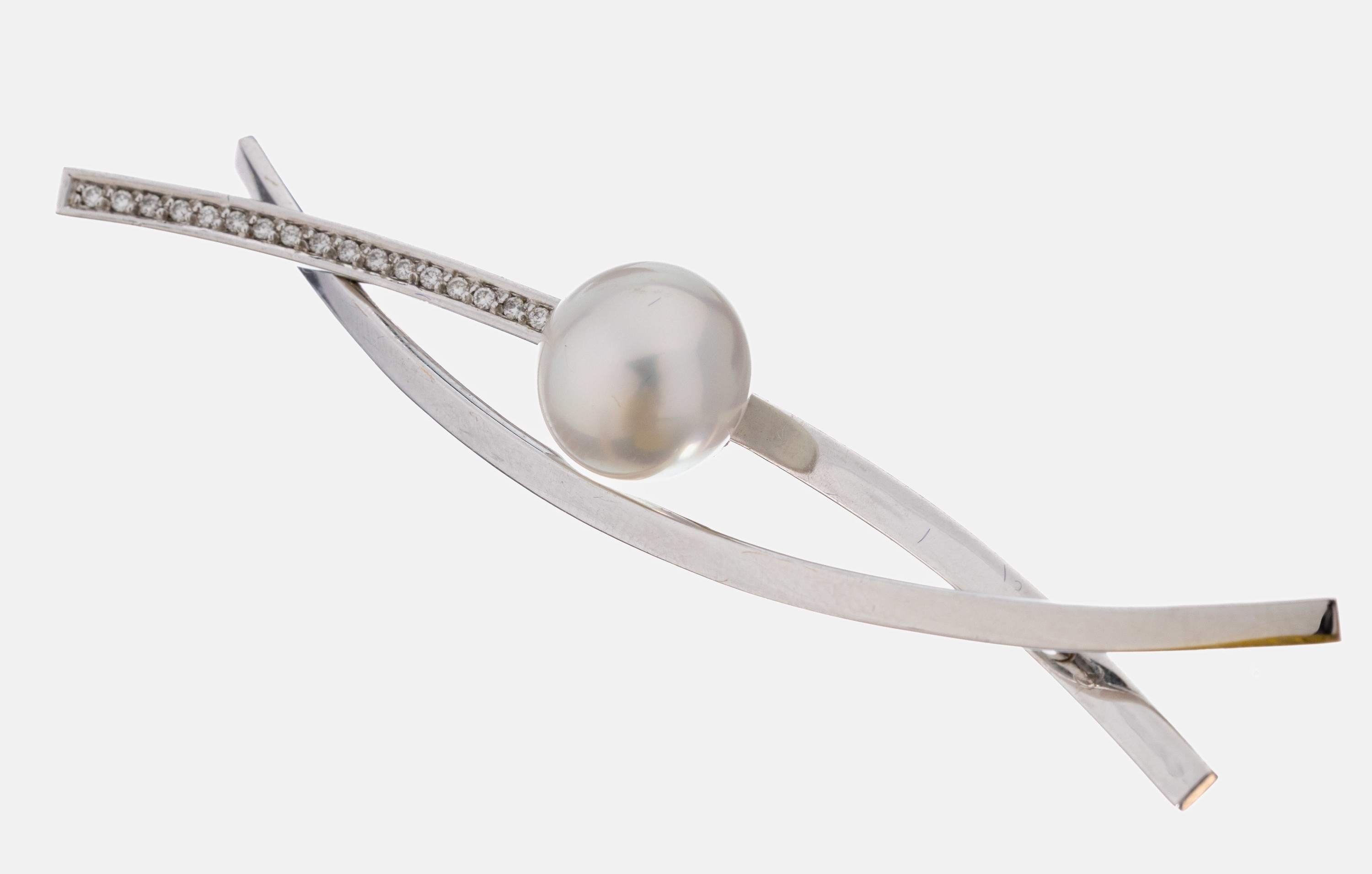 Image 27036889 - 18 kt Gold Perl-Brillant-Brosche, WG 750/000, länglich geschwungen, mittig ...