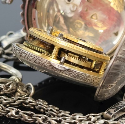 27036822g - EDWARD PRIOR LONDON Spindel- Herrentaschenuhr, 3-teil., reich grav. Silbergeh., wohl ...