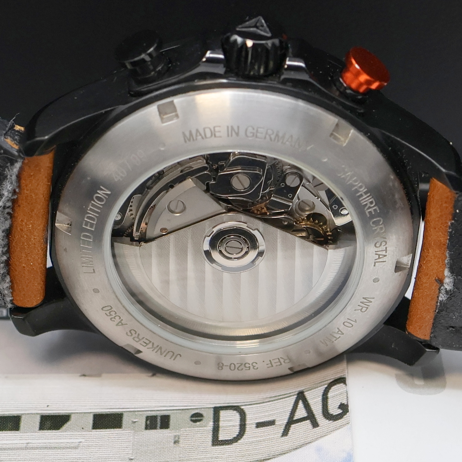 Detail d: JUNKERS seltener, auf 99 Stück limitierter Armbandchronograph A350 Referenz 3520-8, Automatik, Deutschland / Schweiz um 2010, geschwärztes ...