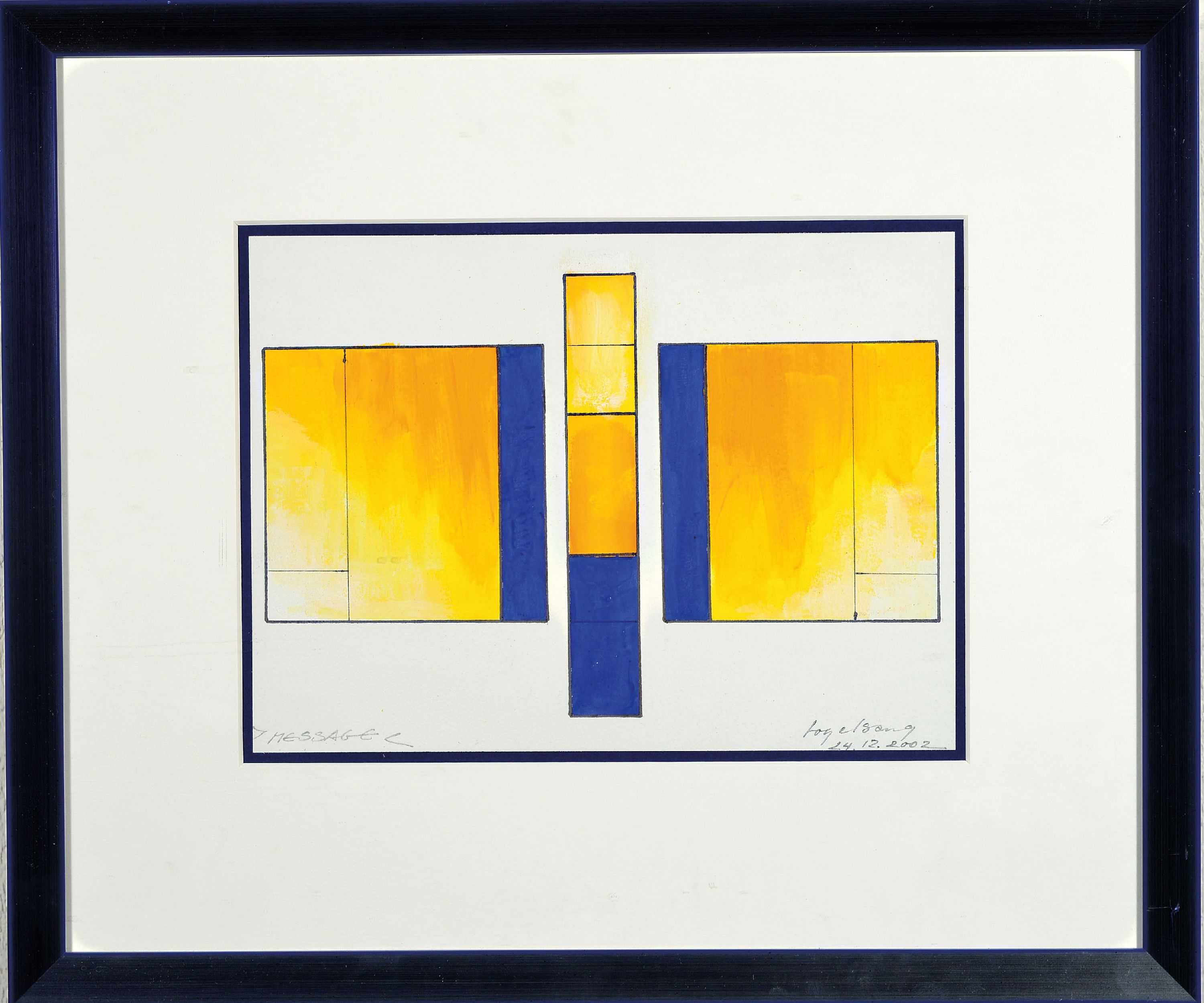 Detail k: Karl Vogelsang, 1932 Essen-2006 Kronberg, "Message", datiert 24.12.2002, Gouache, unter PP gerahmt 43x51 cm
