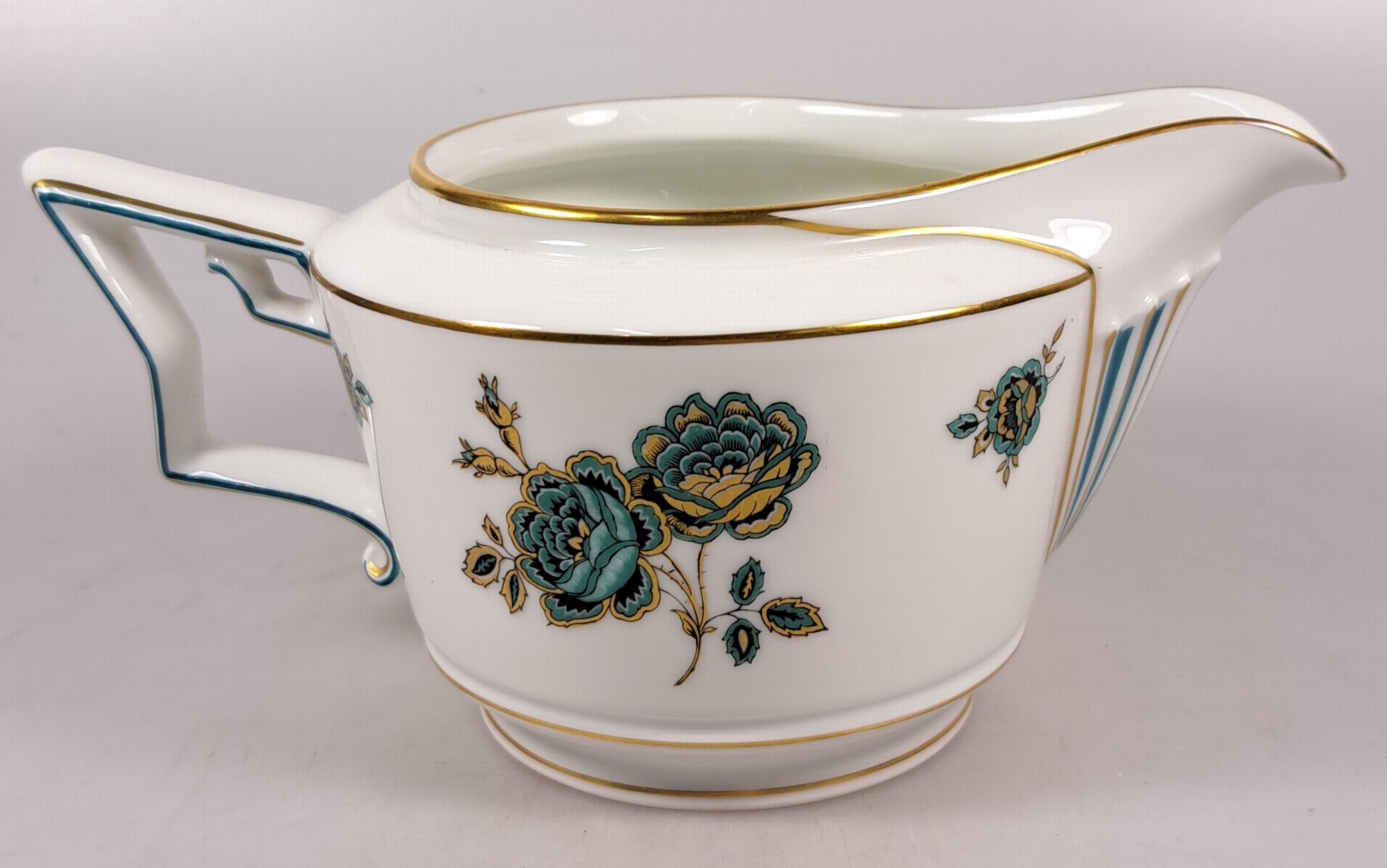 Detail j: Service, Rosenthal, Selb Bavaria, grüner Rosendekor, Goldstaffage, Kaffeekanne, Teekanne, Zuckerdose, Sahnegiesser, 12 Teetassen mit Untertassen, 12 ...