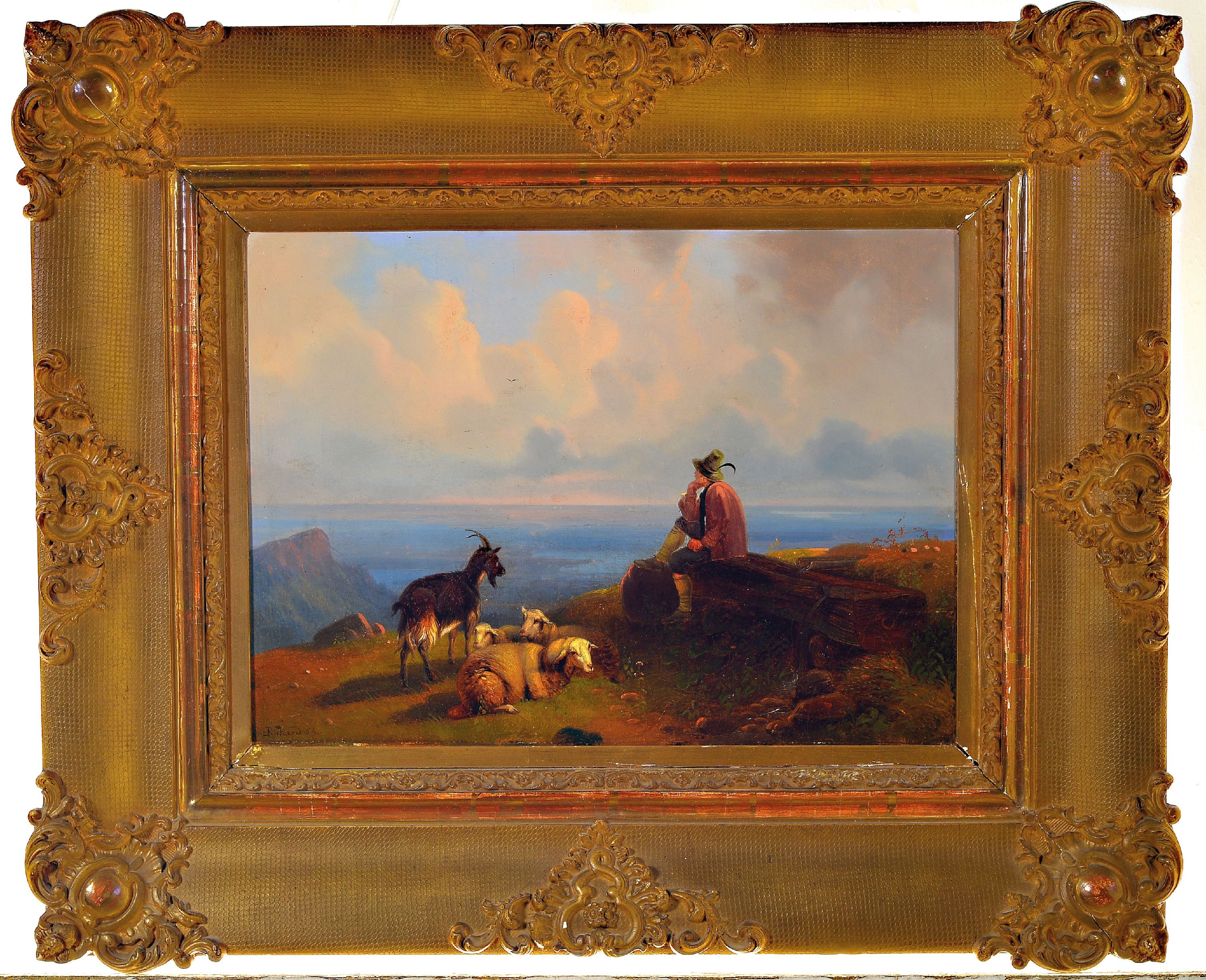 Detail k: Ernst Heinrich Richard, 1819-1899 Karlsruhe, Hütejunge mit Ziegen uns Schafen auf einer Hochalm, Öl/Lwd, links unten signiert und dat. 54, feine ...