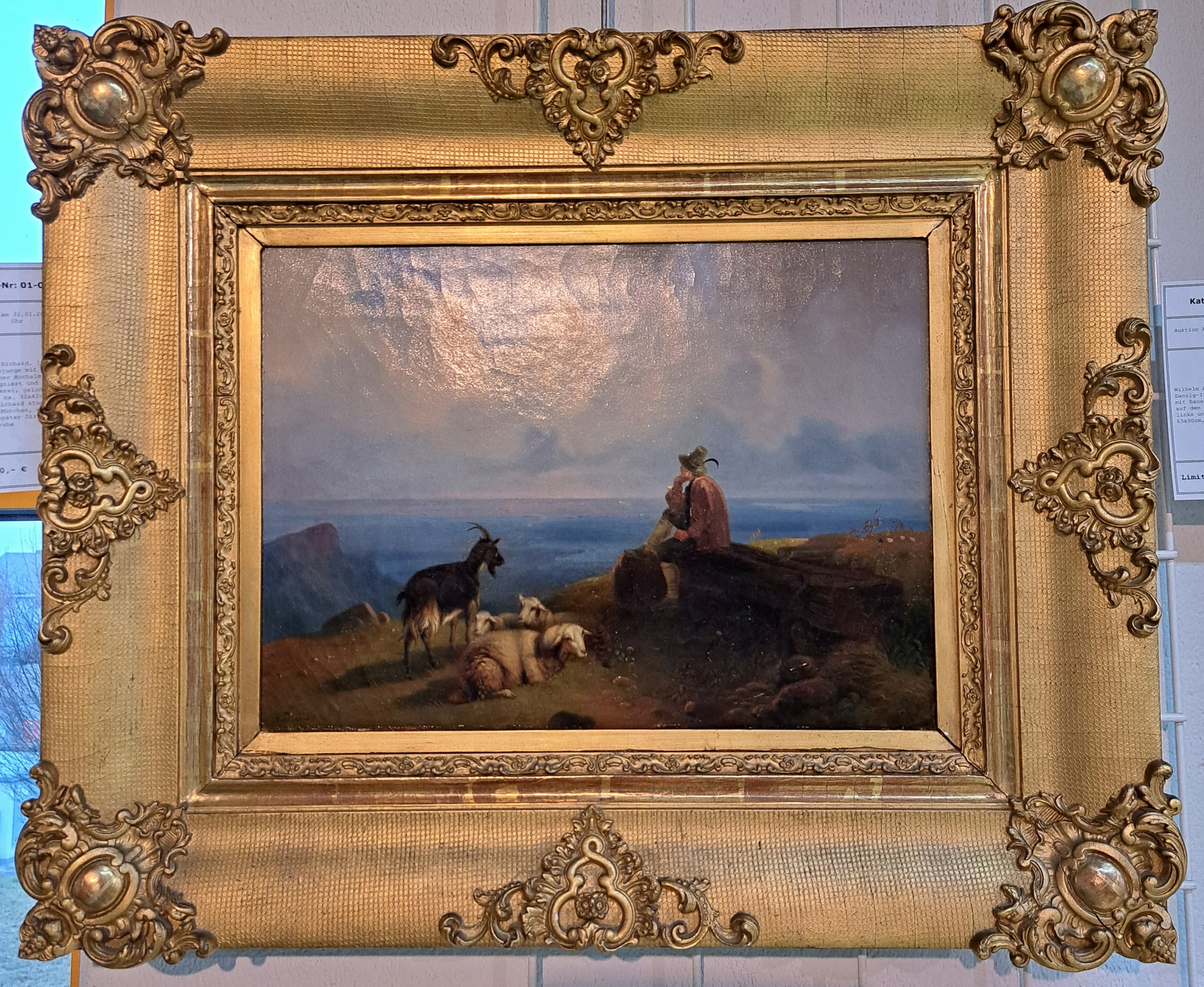Detail n: Ernst Heinrich Richard, 1819-1899 Karlsruhe, Hütejunge mit Ziegen uns Schafen auf einer Hochalm, Öl/Lwd, links unten signiert und dat. 54, feine ...