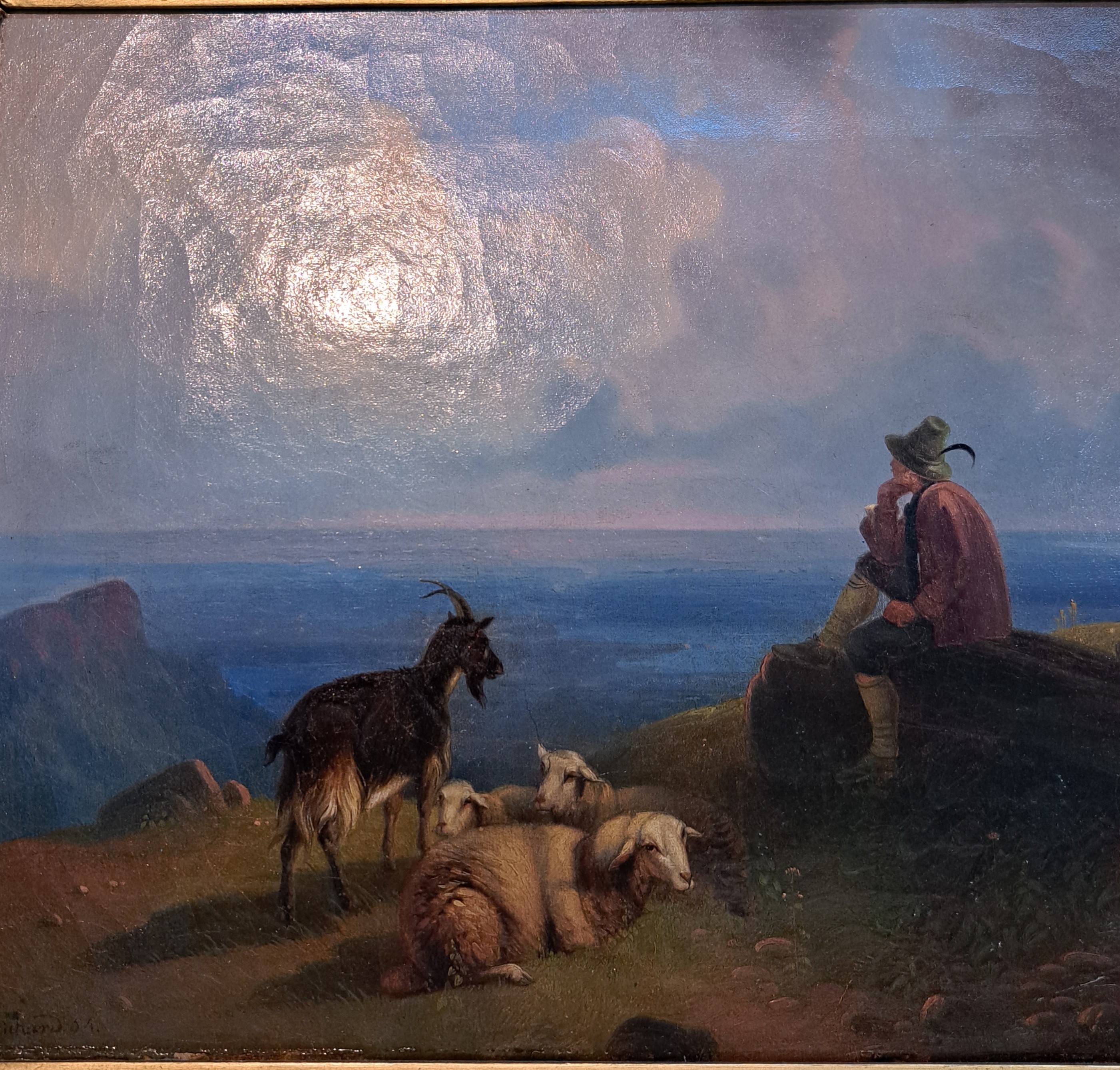 Detail o: Ernst Heinrich Richard, 1819-1899 Karlsruhe, Hütejunge mit Ziegen uns Schafen auf einer Hochalm, Öl/Lwd, links unten signiert und dat. 54, feine ...