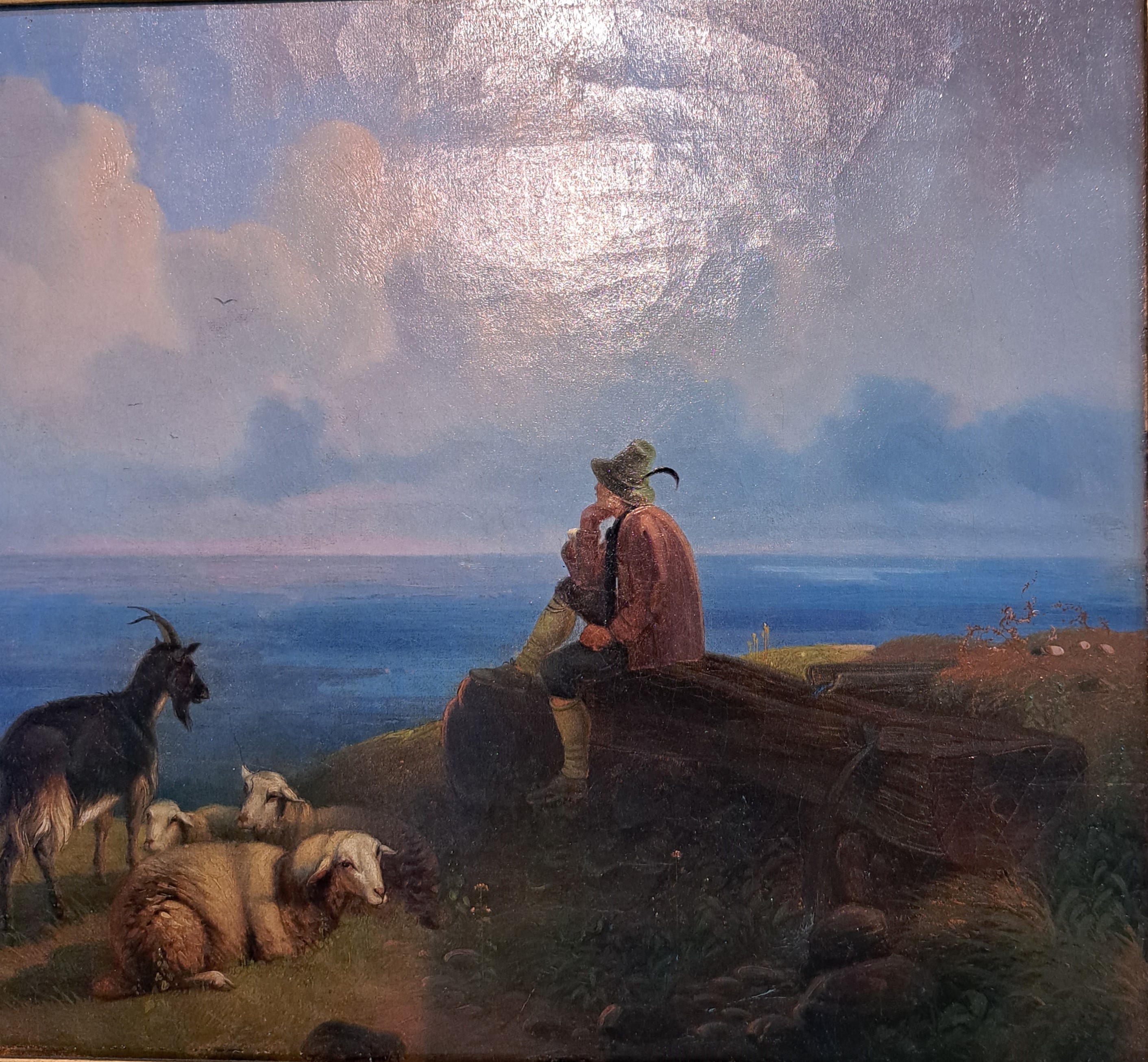 Detail p: Ernst Heinrich Richard, 1819-1899 Karlsruhe, Hütejunge mit Ziegen uns Schafen auf einer Hochalm, Öl/Lwd, links unten signiert und dat. 54, feine ...