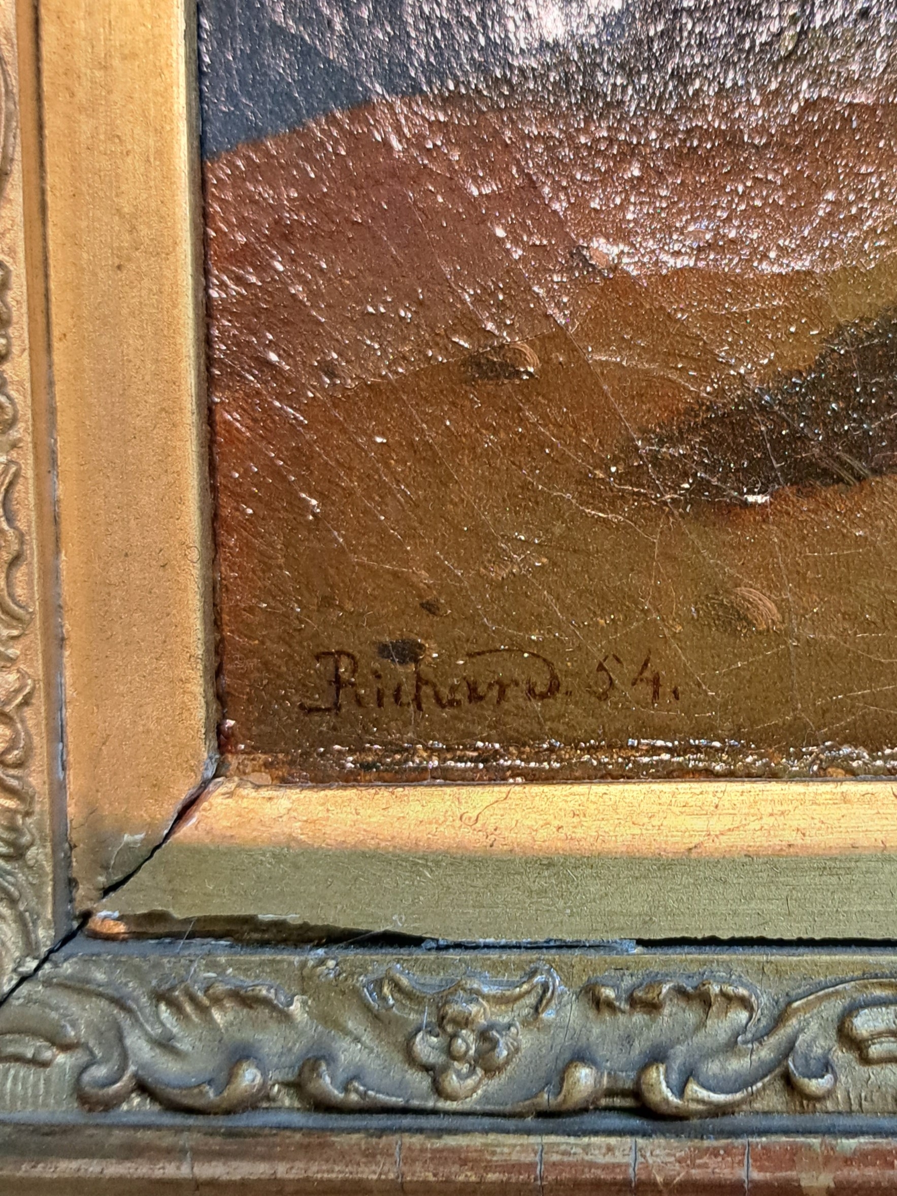 Detail q: Ernst Heinrich Richard, 1819-1899 Karlsruhe, Hütejunge mit Ziegen uns Schafen auf einer Hochalm, Öl/Lwd, links unten signiert und dat. 54, feine ...