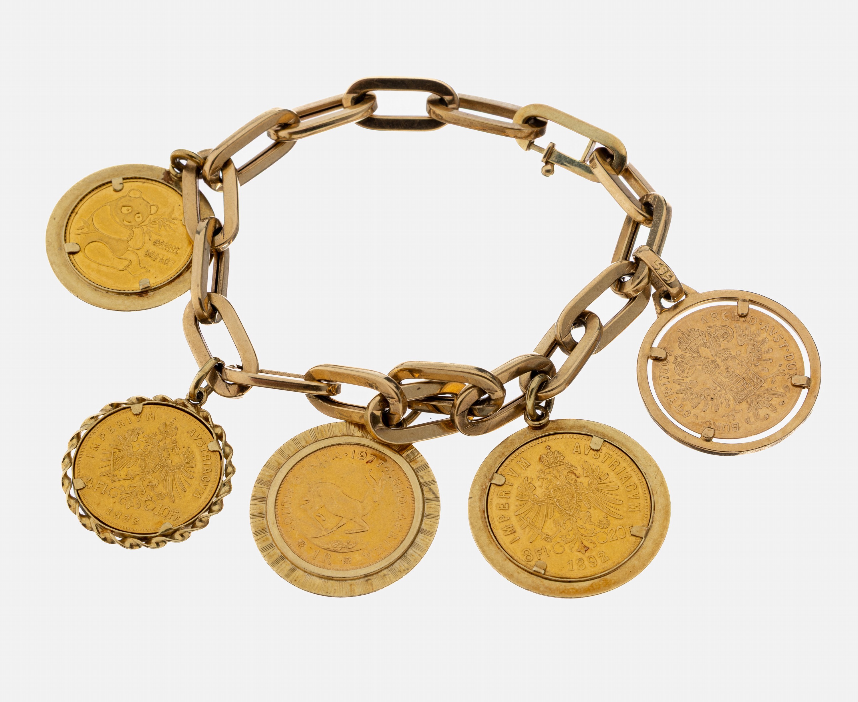 Detail a: 14 kt Gold Münz-Armband, GG 585/000, 5 bewegl. abgehängte Münzen bzw. Medaillen, 1 x Medaille mit Maria Theresia, 1 x 8 Florin, 1892, 1 x 1 Rand, ...