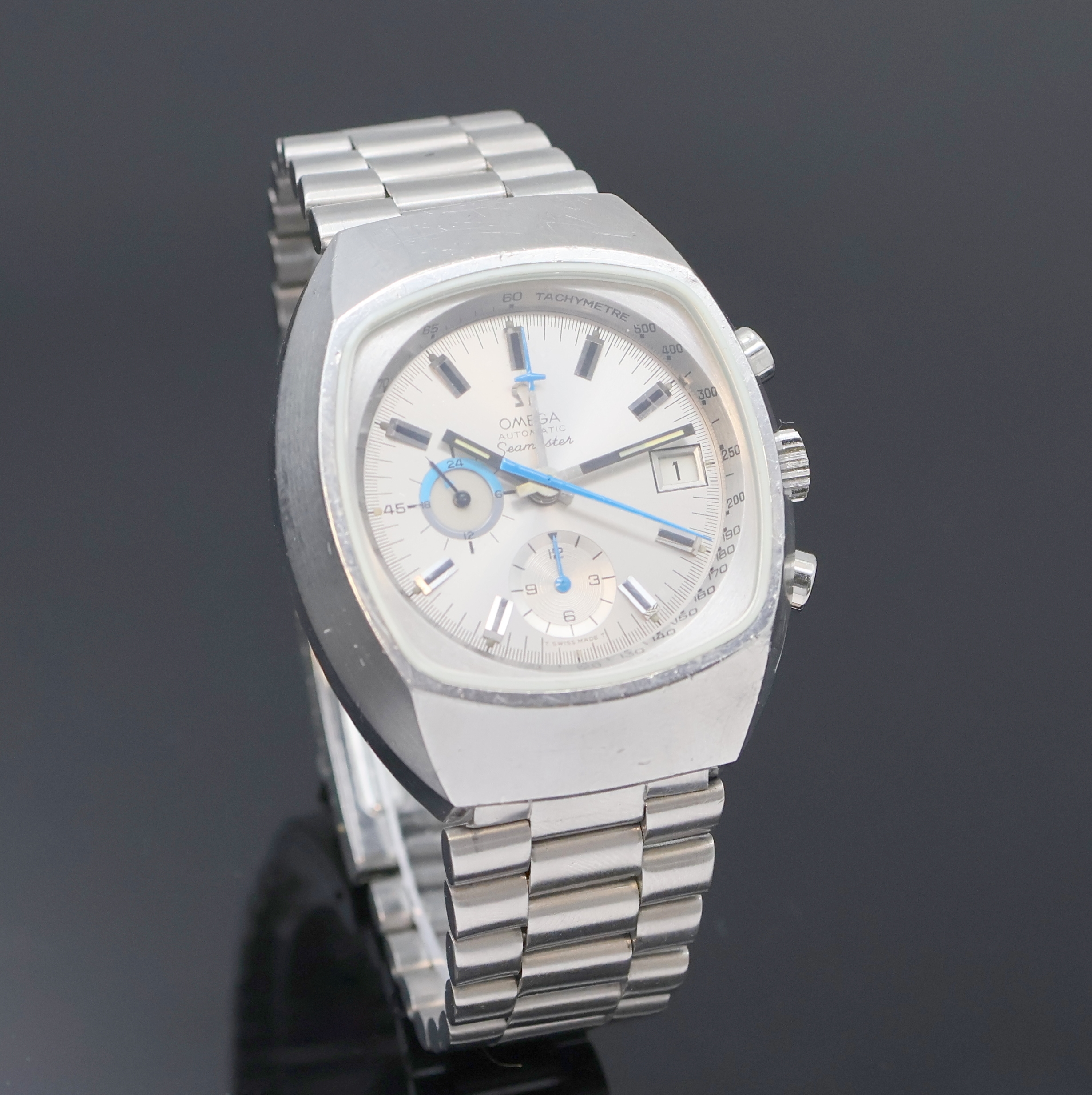Detail b: OMEGA Seamaster Herrenchronograph in Stahl Referenz 176005, Schweiz um 1972, Automatik, orig. Stahlband m. Faltschl., Boden m. Seamaster-Logo ...