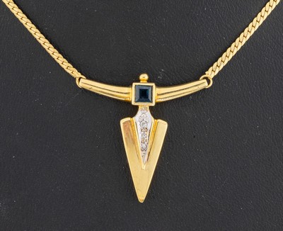 27036920a - 14 kt Gold Saphir-Diamant-Collier, GG 585/000, geometrisches Mittelteil, Saphir -Carree ...