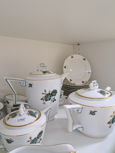 27036941x - Service, Rosenthal, Selb Bavaria, grüner Rosendekor, Goldstaffage, Kaffeekanne, ...