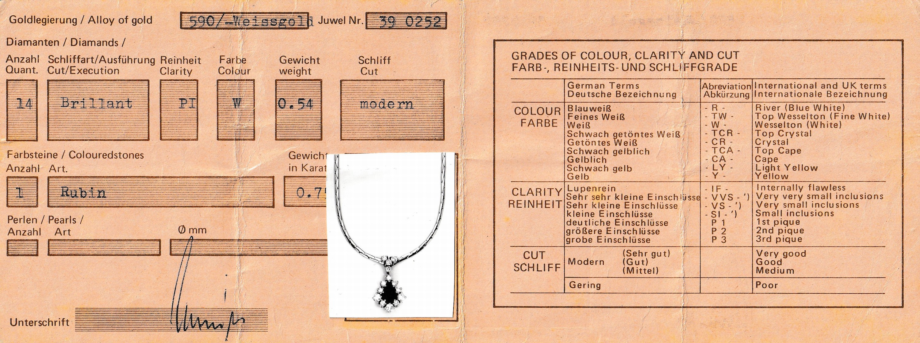 Detail b: 14 kt Gold Rubin-Brillant-Collier, WG 585/000, Abhängung bes. mit einem facett. Rubintropfen ca. 0.75 ct, umgeben von 14 Brillanten zus. ca. 0.54 ...