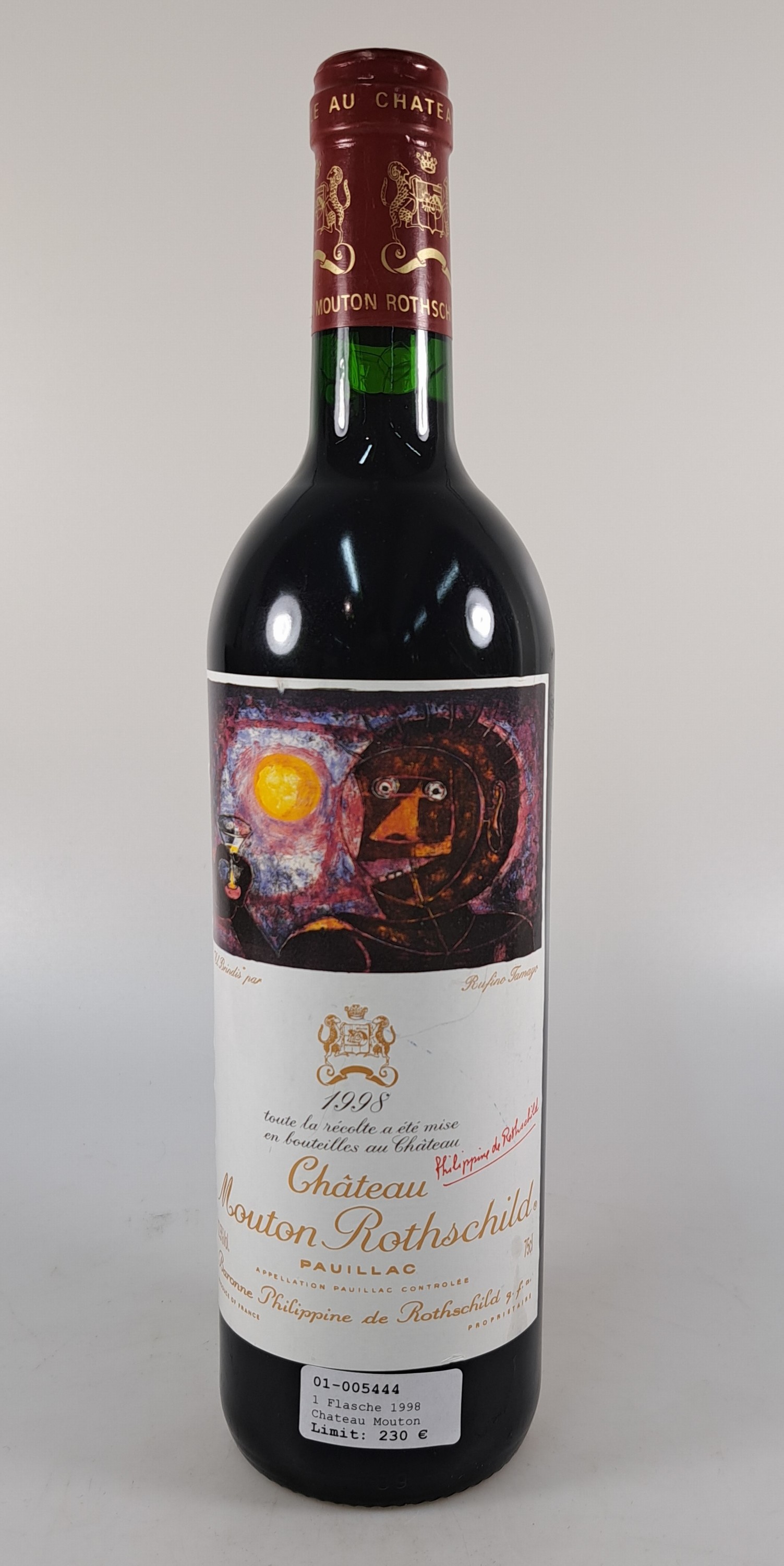 Detail a: 1 Flasche 1998 Chateau Mouton Rothschild, Pauillac, ca. 750cl, 12,5%Vol., High Fill, Künstleretikett nach Rufino Tamayo, 97 Parker -Punkte