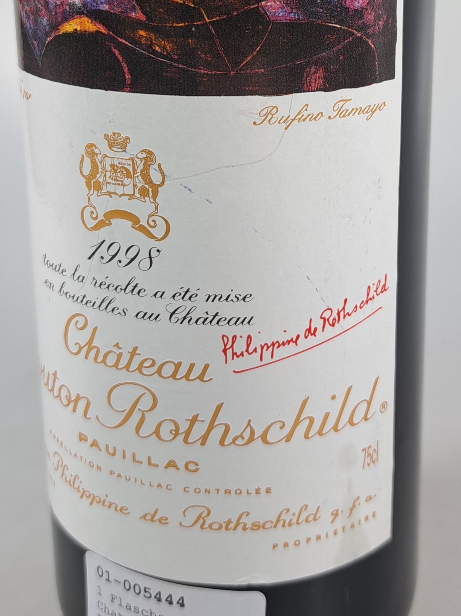 Detail b: 1 Flasche 1998 Chateau Mouton Rothschild, Pauillac, ca. 750cl, 12,5%Vol., High Fill, Künstleretikett nach Rufino Tamayo, 97 Parker -Punkte