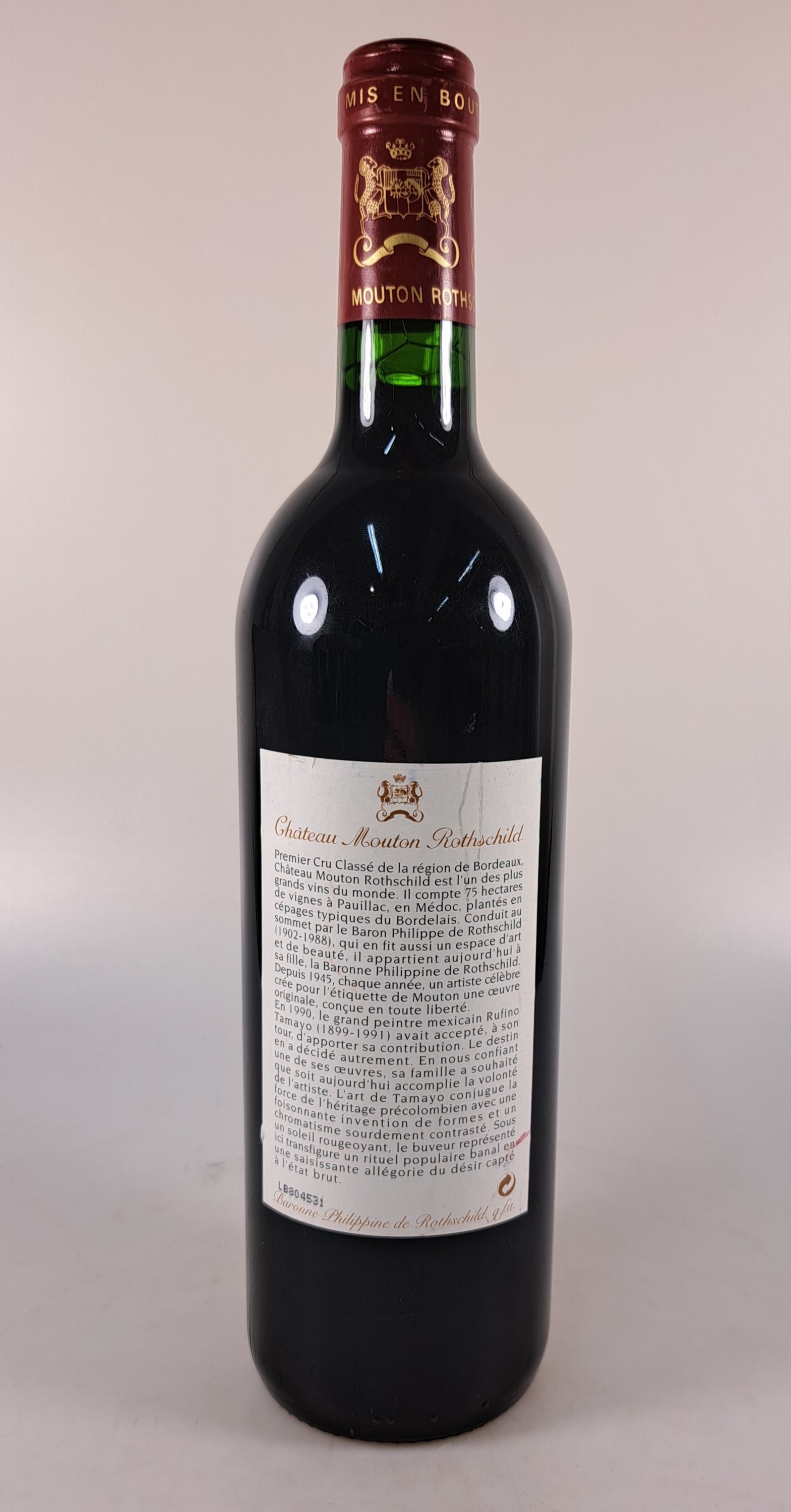 Detail c: 1 Flasche 1998 Chateau Mouton Rothschild, Pauillac, ca. 750cl, 12,5%Vol., High Fill, Künstleretikett nach Rufino Tamayo, 97 Parker -Punkte