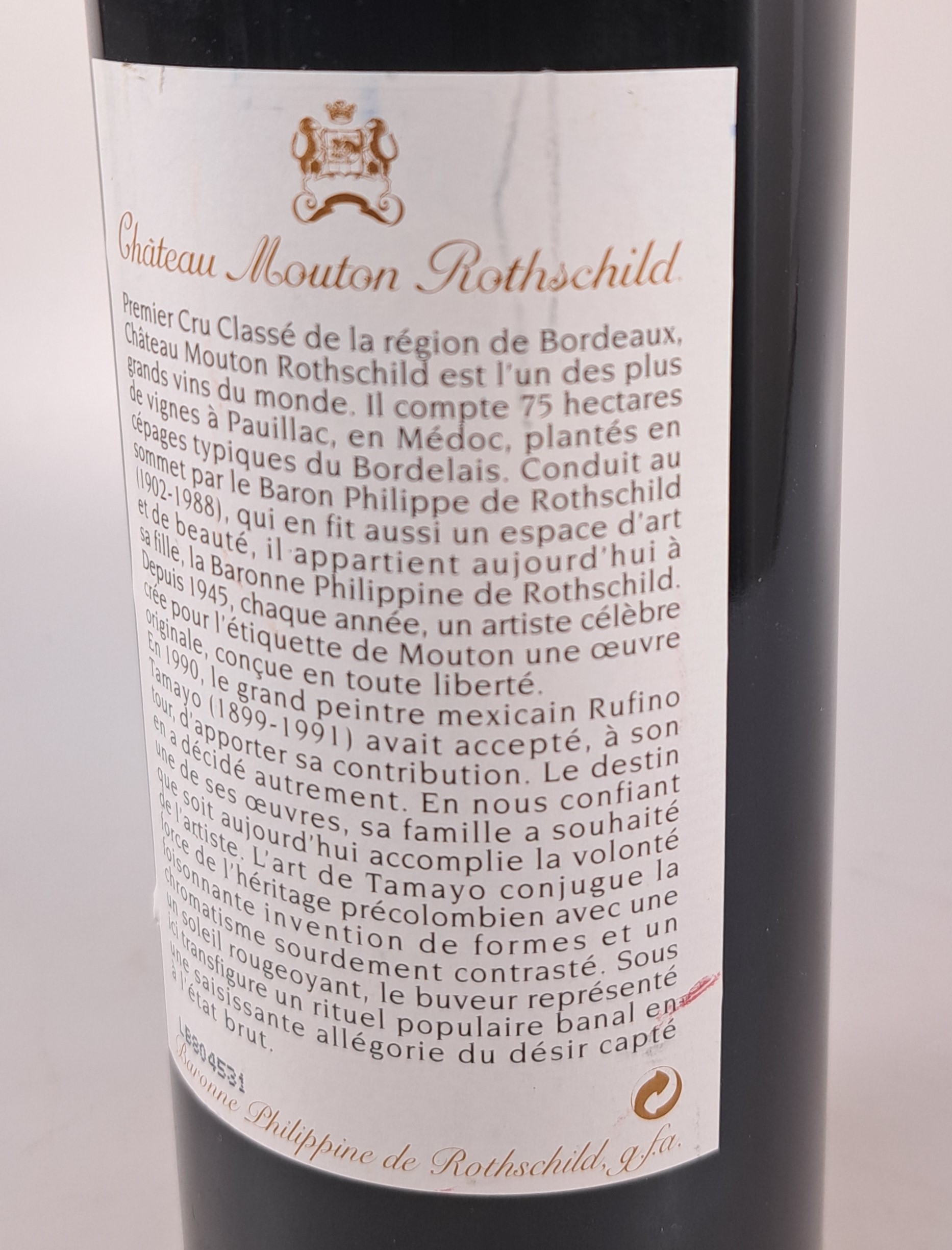 Detail d: 1 Flasche 1998 Chateau Mouton Rothschild, Pauillac, ca. 750cl, 12,5%Vol., High Fill, Künstleretikett nach Rufino Tamayo, 97 Parker -Punkte