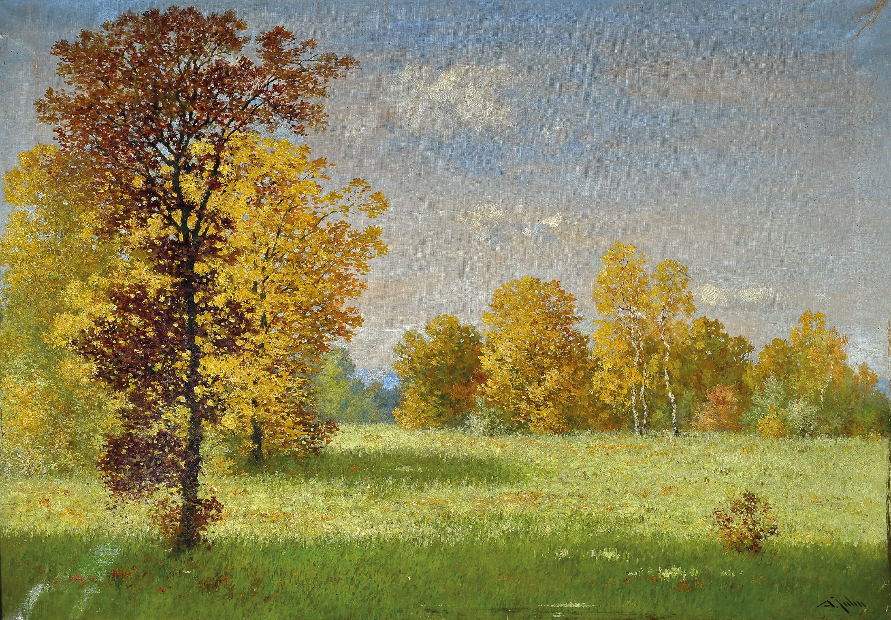 Image 27037559 - Albert Karl Jahn, 1841-1886, Spätsommerlandschaft, Lichtung mit Birken, rechts unten ...