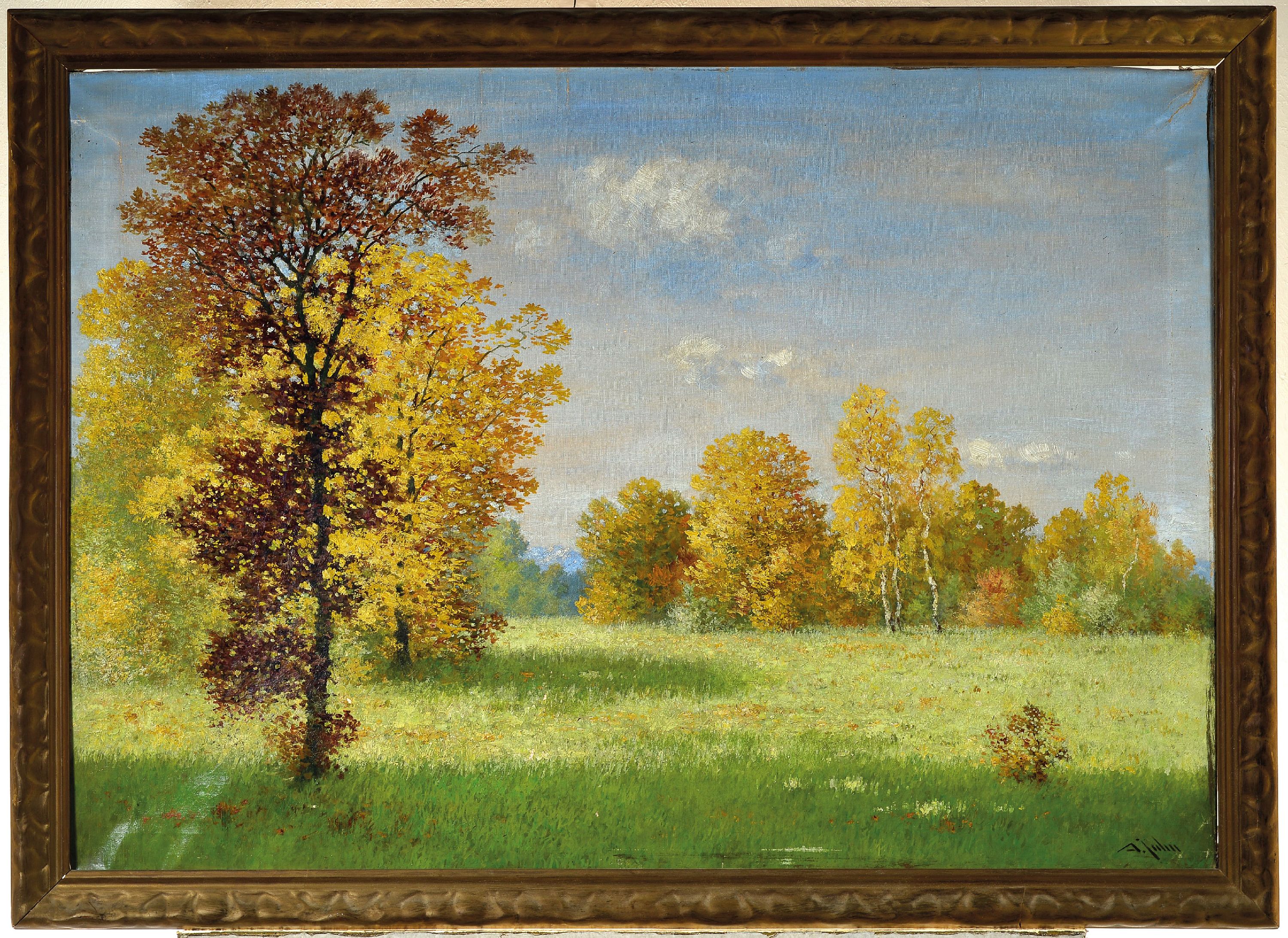 Detail k: Albert Karl Jahn, 1841-1886, Spätsommerlandschaft, Lichtung mit Birken, rechts unten signiert, Öl/Lwd, 71x100 cm, Rahmen 80x110 cm