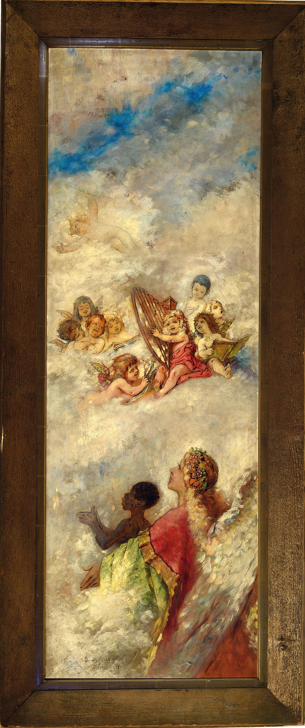 Detail k: Prof. Ferdinand Barth, 1842-1892 Partenkirchen, Gottesstaat, empor schauener Engel, mittig musizierende Putten, wohl Studie oder unvollendetes Werk, ...