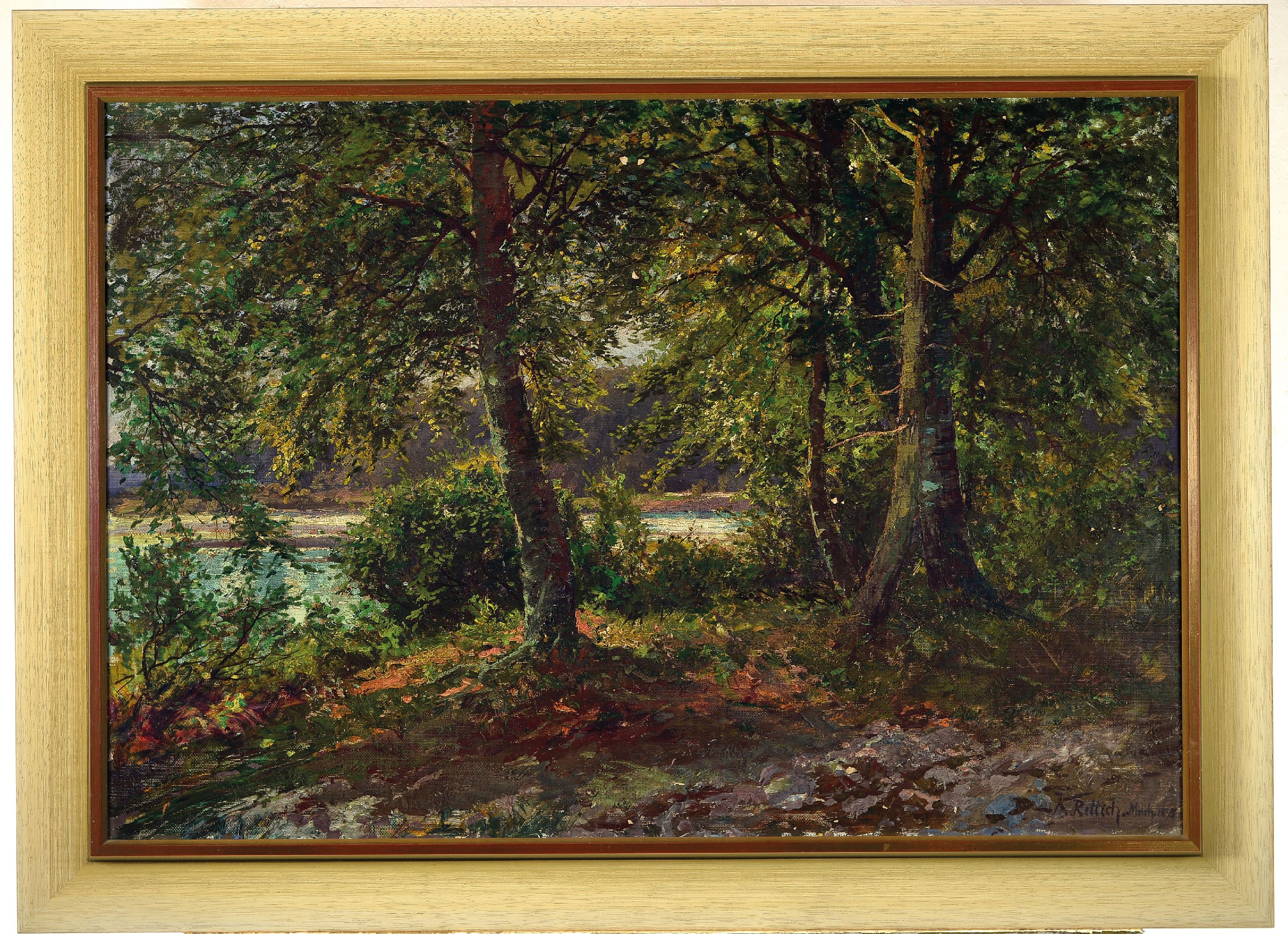 Detail k: Karl Lorenz Rettich, 1841 Rosenhagen-1904 Lübeck, Ostseelandschaft, Waldinterieur mit Blick auf die Küste, rechts unten signiert und datiert ...
