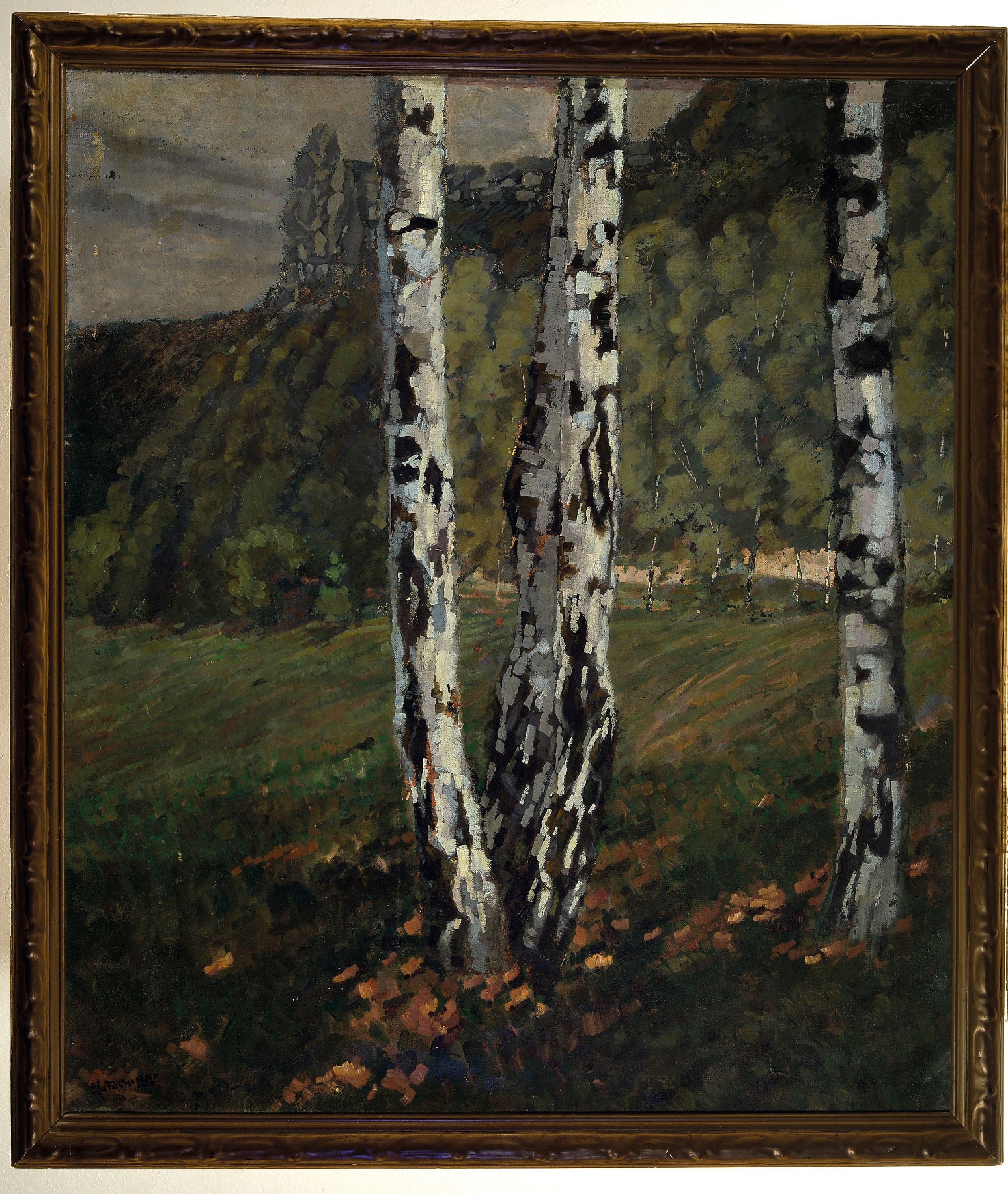Detail k: Wilhelm Sardemann, Künstler Anfang des 20.Jh. , Birkenlandschaft, "Aus dem Jura", links unten signiert, Öl/Lwd, links oben leichter ...