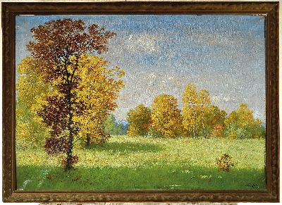 27037559k - Albert Karl Jahn, 1841-1886, Spätsommerlandschaft, Lichtung mit Birken, rechts unten ...