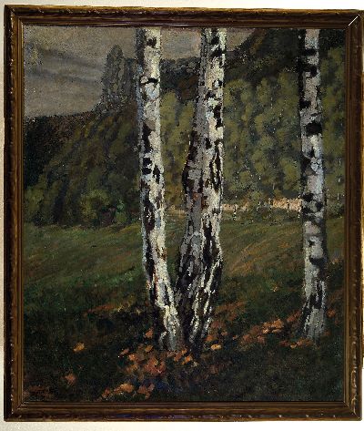 27037562k - Wilhelm Sardemann, Künstler Anfang des 20.Jh. , Birkenlandschaft, ´Aus dem Jura´, links ...