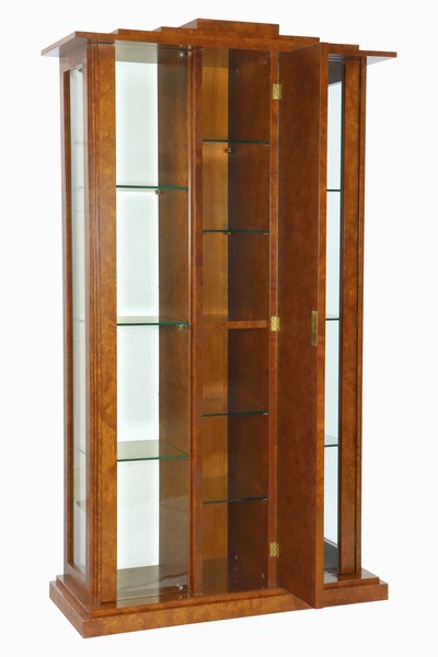 27037590a - Vitrine, Korpus Holz, Wurzelholz furniert, verglaste Seiten mit je 3 höhenverstellbaren ...