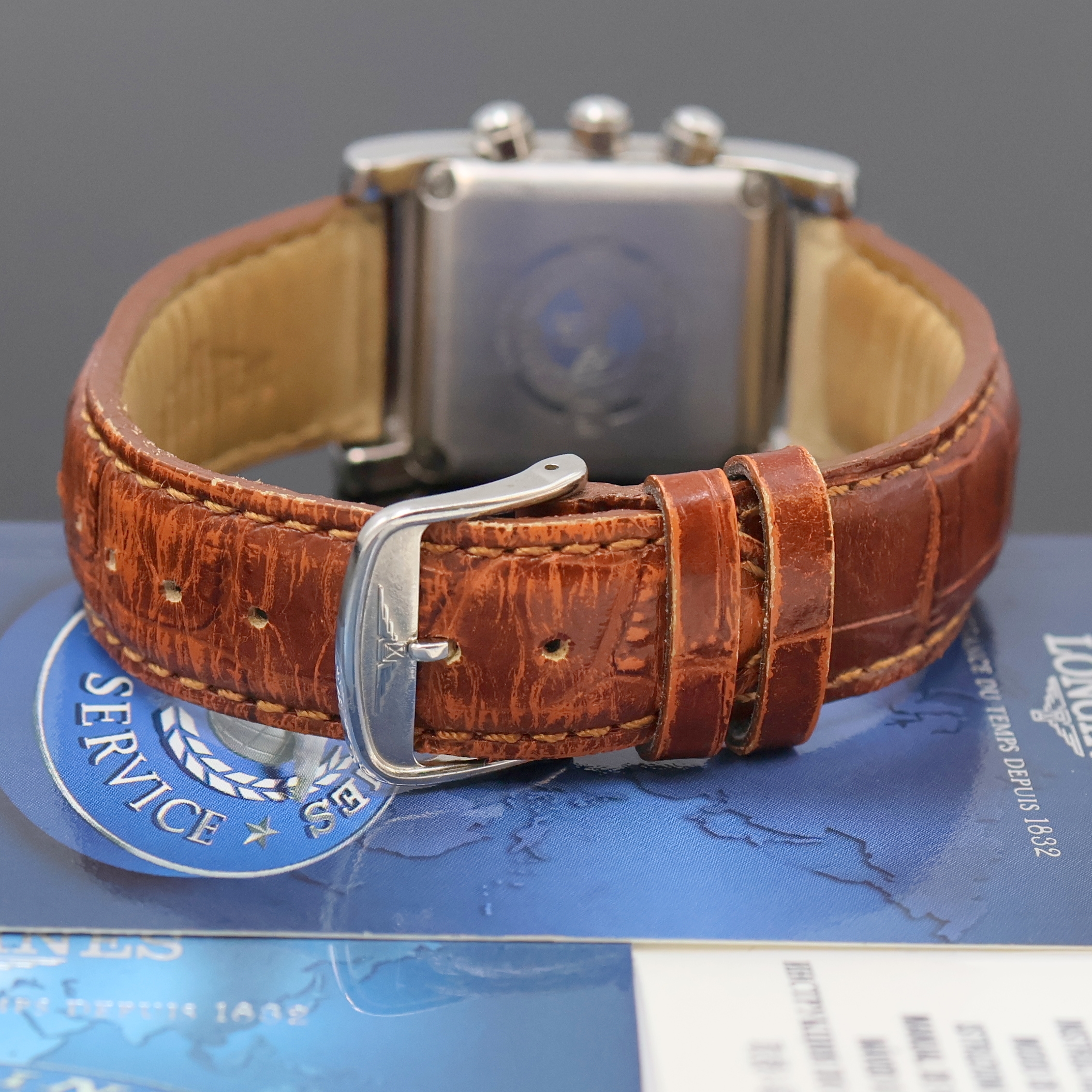 Detail c: LONGINES Dolce Vita Armbandchronograph in Stahl Referenz L5.656.4, Schweiz um 2001, quarz, rechteck. Geh., Boden 4-fach verschr., orig. Lederband m. ...