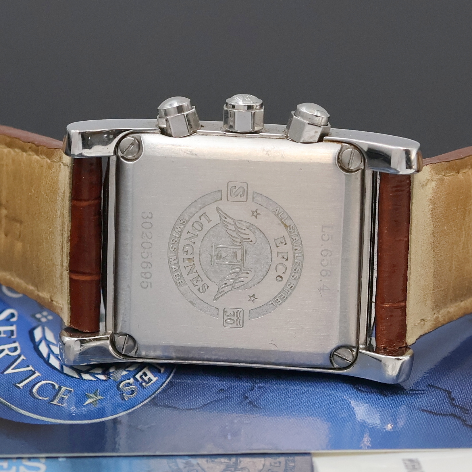 Detail e: LONGINES Dolce Vita Armbandchronograph in Stahl Referenz L5.656.4, Schweiz um 2001, quarz, rechteck. Geh., Boden 4-fach verschr., orig. Lederband m. ...