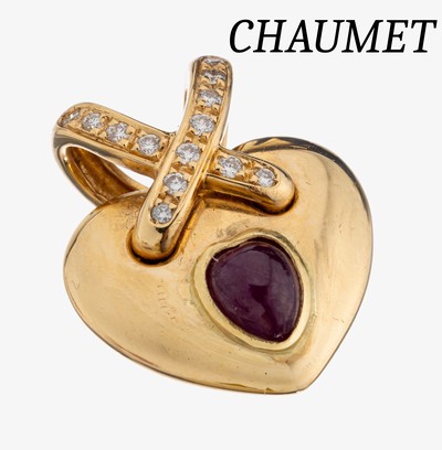 Image 18 kt Gold CHAUMET Brillant-Rubin- Herzanhänger, GG 750/000, gekreuzte Aufhängung mit ...