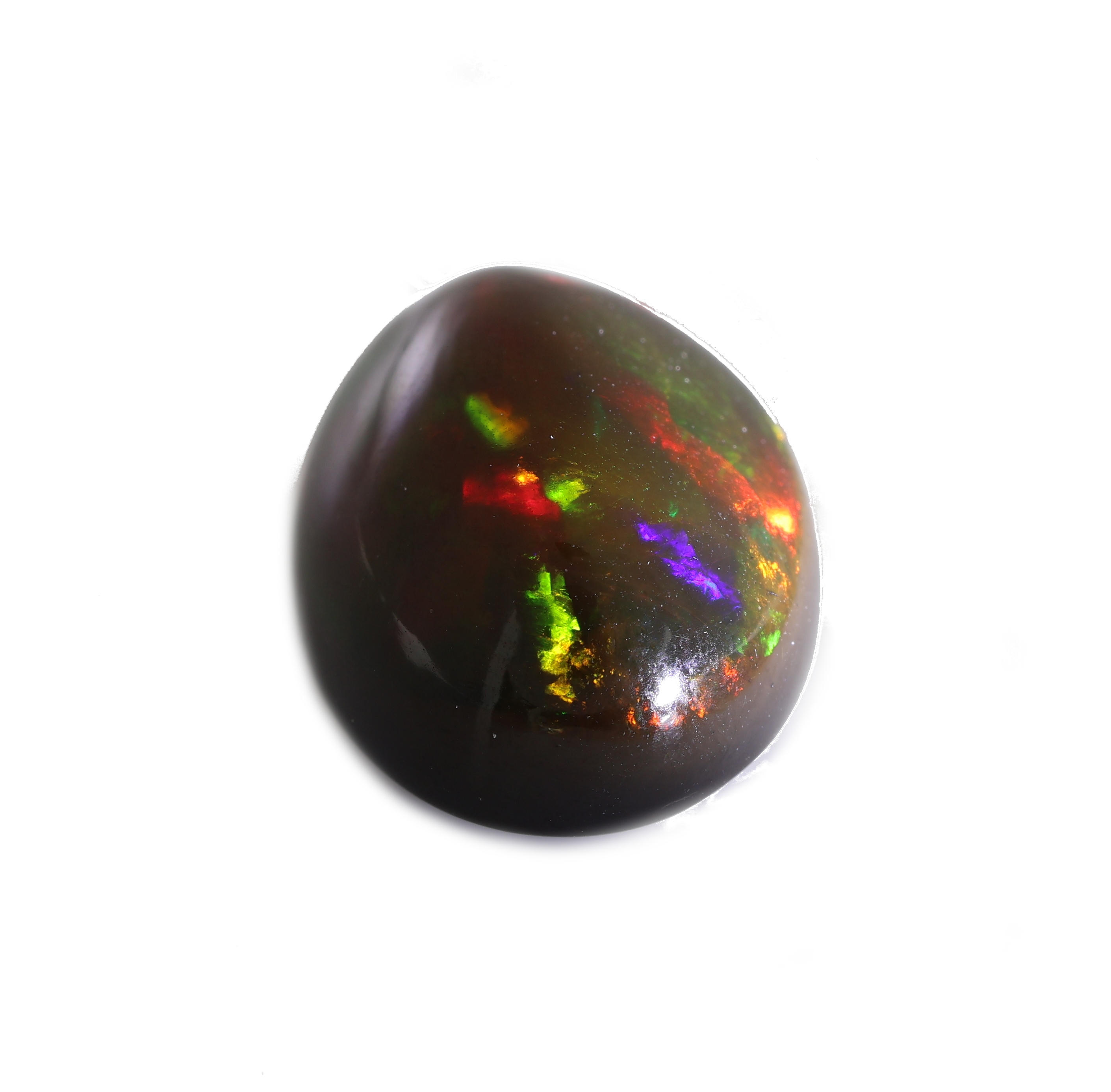 Detail c: Loser Schwarzopal, ca. 11.4 ct, ovaler Cabochon, Farbspiel in Rot, Grün und Gelb