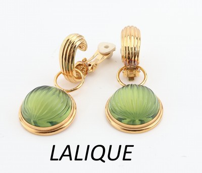 Image Pair of LALIQUE ear clips , metal gilt, Nerita Collection, hanger with round fluted ...