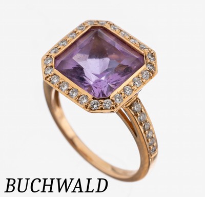 Image 18 kt Gold BUCHWALD Amethyst-Brillant-Rubin- Ring, GG 750/000, mittig facett. Amethyst ...