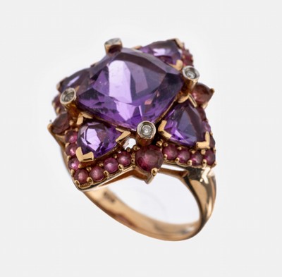 Image 14 kt Gold Amethyst-Turmalin-Brillant-Ring, RoseG 585/000, Amethyst-Carree und 4 ...