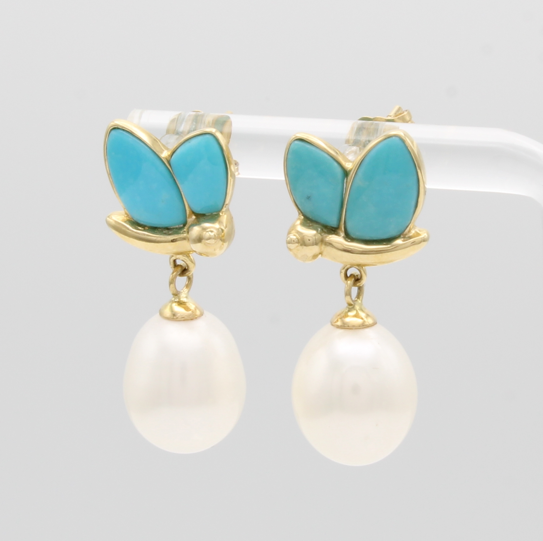 Image 27037959 - Paar Ohrstecker ´Schmetterlinge´ mit Türkisen und Süßwasserzuchtperlen, GG 585/000, ...