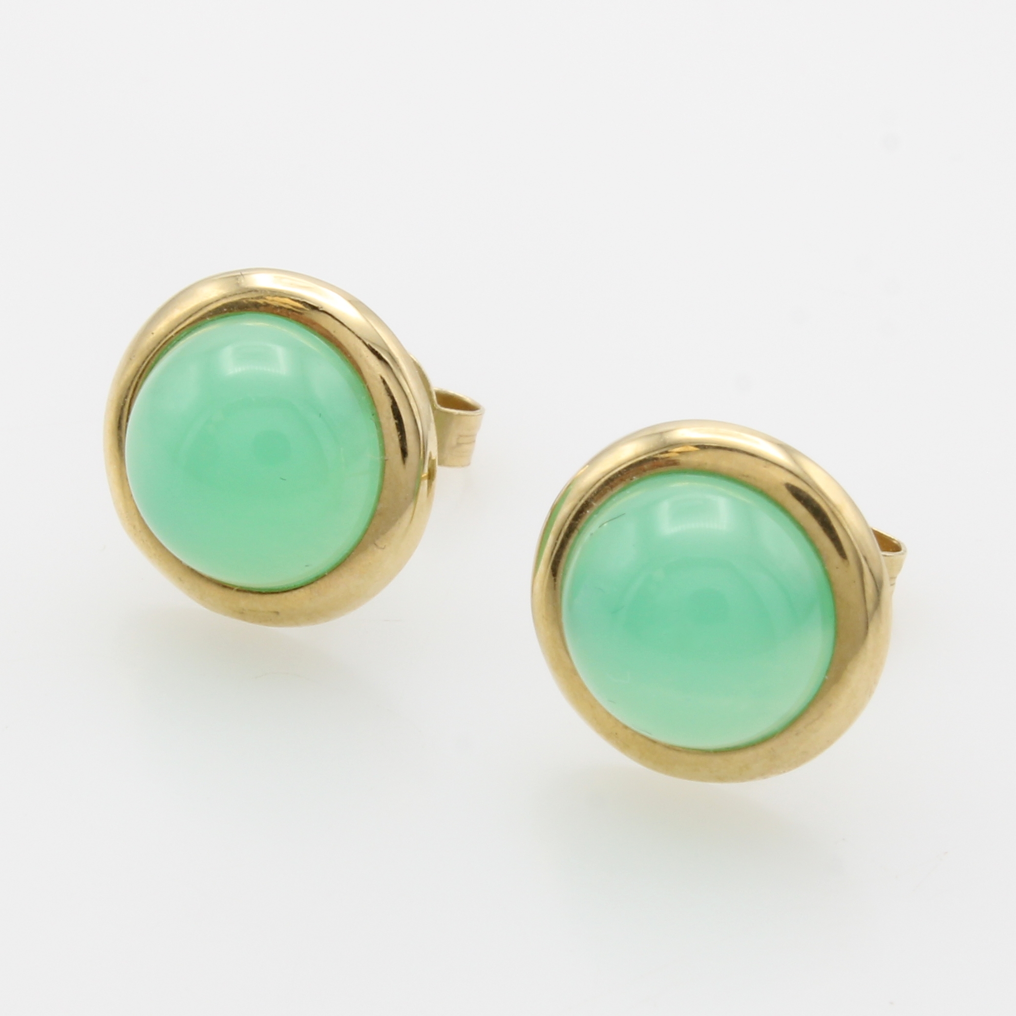Image 27037976 - Paar Ohrstecker mit Chrysoprasen, GG 585/000, 2 bouttonf. Chrysoprase in glatten ...