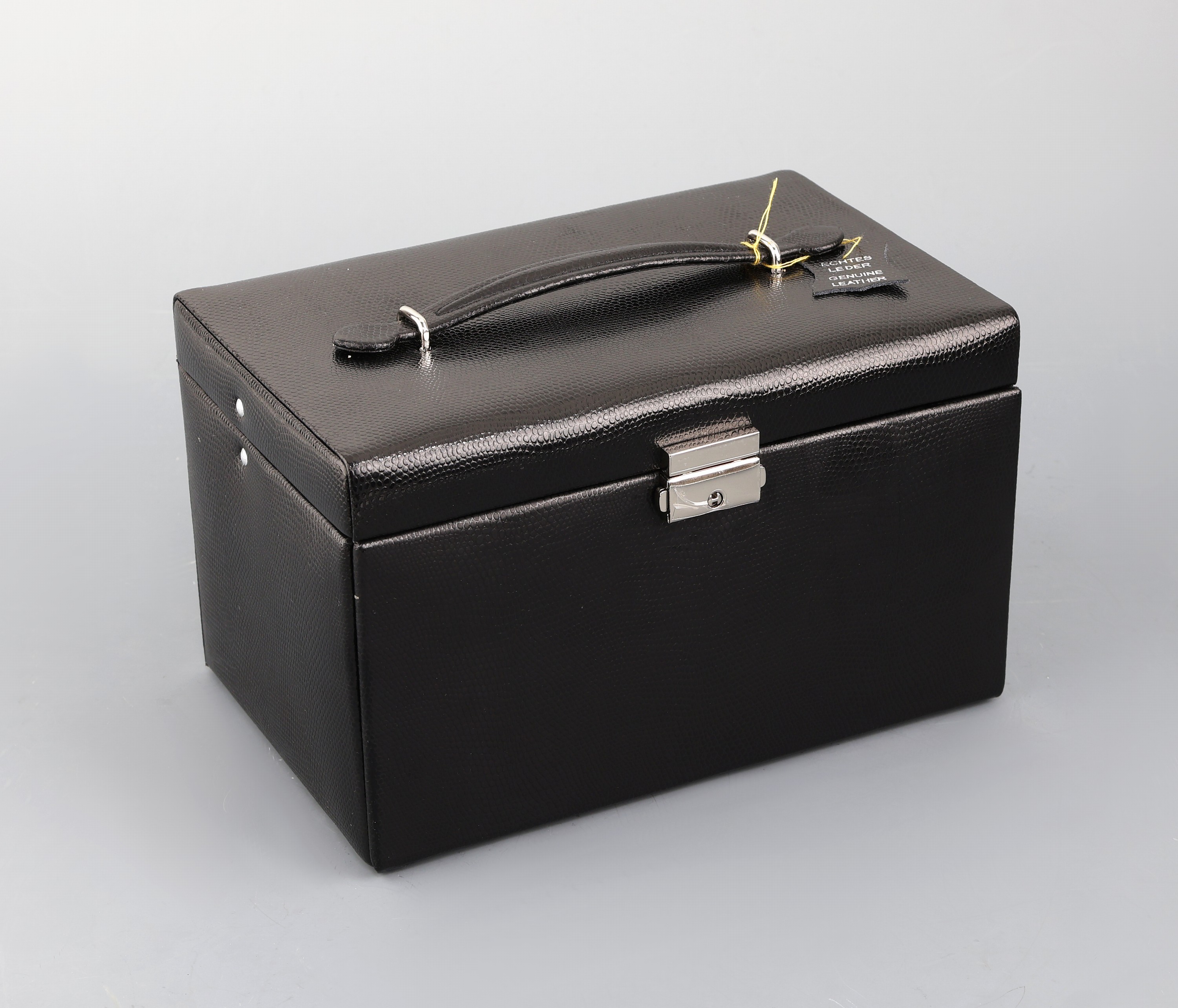 Image 27038063 - Schmuckkoffer aus schwarzem Leder in Echsenoptik, grün-graue Innenausstattung, 3 ...