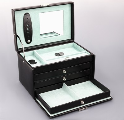 27038063a - Schmuckkoffer aus schwarzem Leder in Echsenoptik, grün-graue Innenausstattung, 3 ...